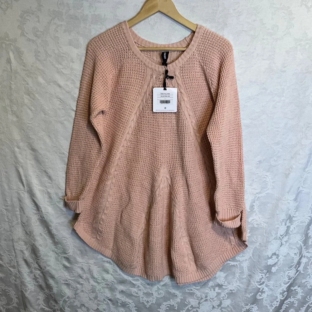 Agnes & Dora Cable Pullover Blush Pink Sweater Size L Chunky‎ Long Tunic Style